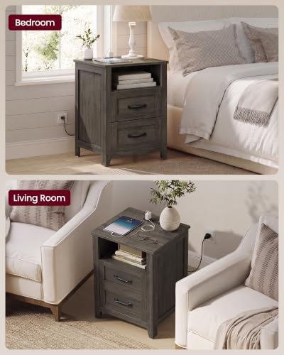 VASAGLE Farmhouse Nightstand with Charging Station, 2 Drawers