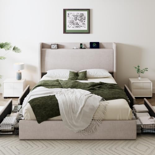SHA CERLIN Full Size Storage Bed Frame with 4 Oversized Drawers, Modern Wingback Headboard with Storage Shelf & Charging Station, No Box Spring Needed, Easy Assembly, Beige