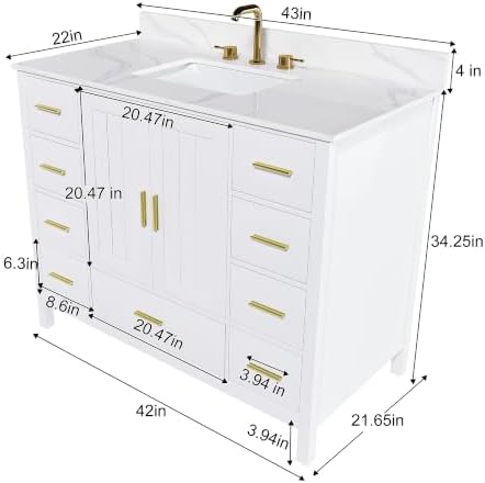 Montary 42" Bathroom Vanity with Sink & 43" Carrara White Quartz Top with 3 Pre-Drilled Faucet Holes, Solid Wood Cabinet, Soft-Close Double Doors & 9 Smooth-Glide Drawers,White
