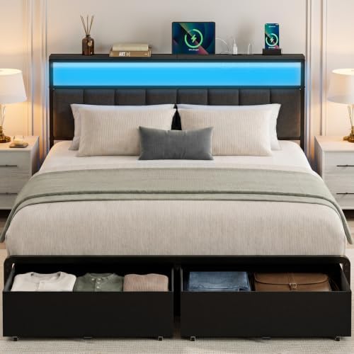 Queen Bed Frame with 2 Storage Drawers, Grey Upholstered