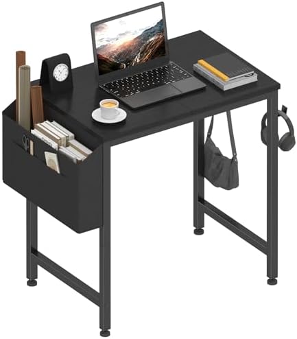 Lufeiya Small Desk for Small Spaces, 24 Inch Kids Girls Study Writing Mini Desks for Bedroom, Simple Modern Laptop PC Little Side Table with Storage Bag Headphone Hooks, Black