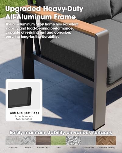 Aluminum Outdoor Patio Furniture Set 6 Seats, Outdoor Sectional Corner Sofa with Thick Waterproof Cushions & Coffee Table, Patio Conversation Sets for Backyard, Porch, Balcony, Deck, GPH
