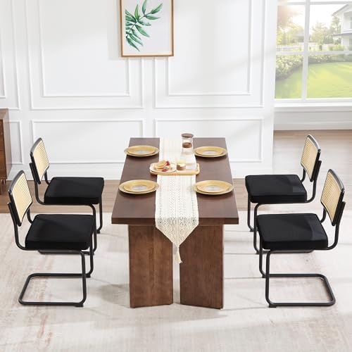 Zesthouse Natural Rattan Dining Chairs Set of 4, Modern Dining Room Chairs with Solid Wood Back for Kitchen Living Room, Mid Century Breuer Design Inspired, Upholstered Velvet Fabric, Black