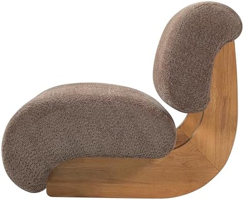 Merax 28" Modern Curved Boucle Accent Chair with Solid Wood Base, Mid-Century Armless Upholstered Slipper Lounge Chair for Living Room, Bedroom, Reading Nook, Natural + Brown