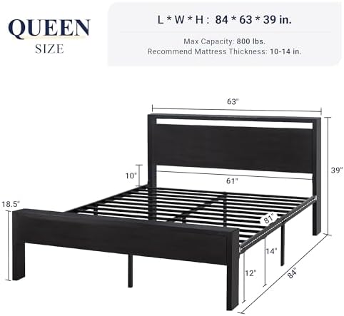 Allewie Queen Size Bed Frame, Heavy Duty 12 Metal Slats Support, Black Oak