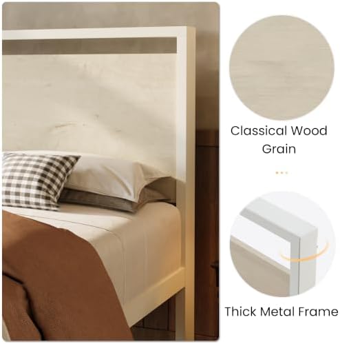 SHA CERLIN 14 Inch Twin Metal Platform Bed Frame with Wooden Headboard and Footboard, No Box Spring Needed, Large Under Bed Storage, Heavy Duty Slats Support, White Washed Oak