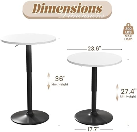 Shahoo Bar Table, Adjustable Height Pub Table 27.4-36 Inches, Cocktail Table for Bar, Bistro, Café, Home, White