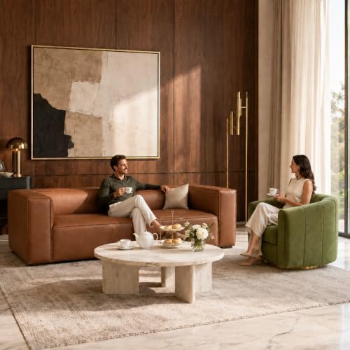 2-Piece Living Room Set, Faux Leather Sofa + Swivel Chair