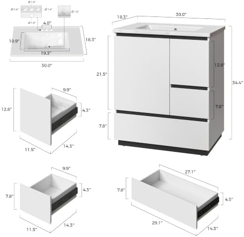 IRONCK 30-Inch Bathroom Vanity with Ceramic Sink, Modern (White) | Power Outlet | Freestanding | Divided storage | Hiddle Handle | Soft-Close Hinges