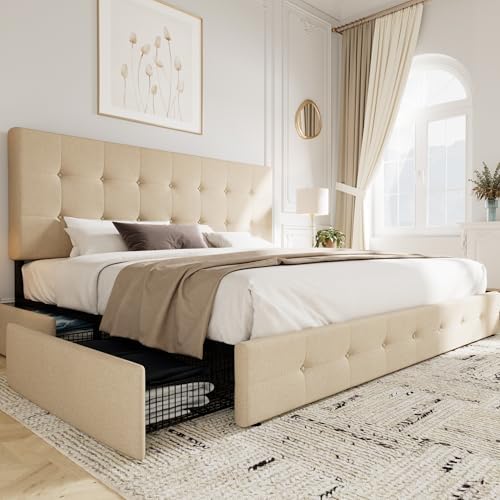 Allewie King Size Storage Bed Frame with 4 Underbed Drawers, Upholstered Platform Bed with Adjustable Headboard, Square Button Tufted, Easy Assembly, Noise-Free, No Box Spring Needed, Beige