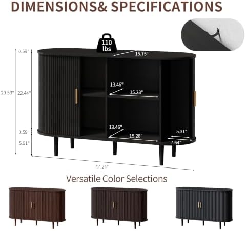 47.2" Sideboard Buffet Cabinet with Sliding Door,Fluted Cabinet with Storage & 2 Adjustable Shelfs,Mid Century Modern Coffee Bar Console Table for Kitchen, Living Room, Entryway，Black