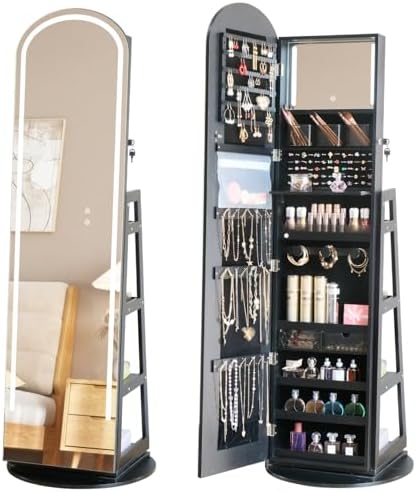 Arched Rotating Jewelry Cabinet with LED Lighted Full Length Mirror & Built-in LED Vanity Mirror, Lockable Standing Jewelry Armoire, Large Storage Organizer for Jewelry (Black)
