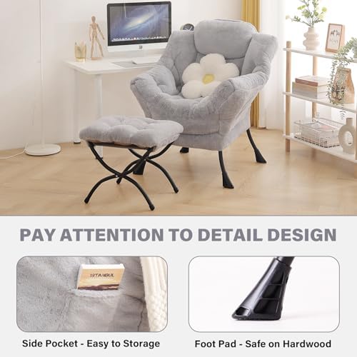 Tiita Lazy Chair with Ottoman, Comfy Reading Accent Chair, Plush Light Grey