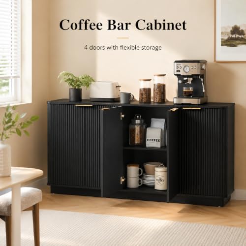 USHOWER 63" Fluted Buffet Cabinet with Storage, Wooden Sideboard, Black