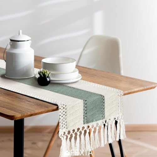 FEXIA Boho Table Runner for Home Decor 12x36 Sage Green Fall Decorations