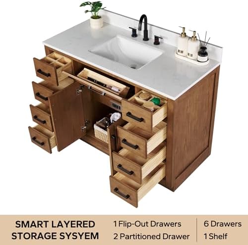 48-inch Dark Walnut Bathroom Vanity with Sink, Solid Wood, 0.79-inch Stone Countertop and Backsplash, 9 Drawers, 2 Soft Closing Doors