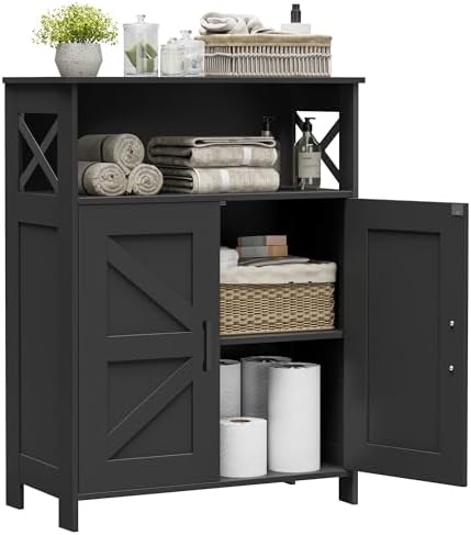 Homhedy Farmhouse Bathroom Storage Cabinet with Doors, Small Floor Cabinet | Toilet Paper Cabinet with Adjustable Shelf, Freestanding Storage Cabinet for Kitchen/Laundry/Living Room, 24"W, Black