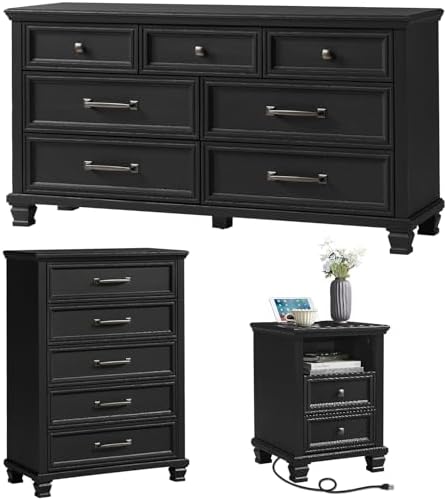 SAVOR LIFE Farmhouse Dresser and Nightstand Sets 3 Piece, Black