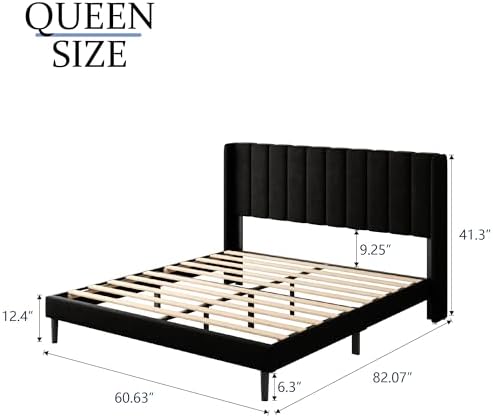 Gruwans Queen Size Bed Frame with Upholstered Wingback Headboard, Easy Assemnly Platform Bed, Wooden Slat Support No Box Spring Needed, Black Velvet