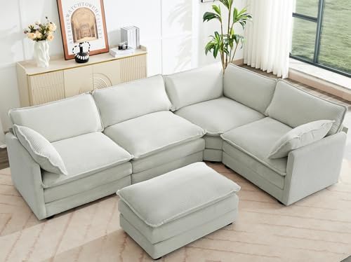 ROWHY 113'' Modular Sectional Cloud Couch, 5 Seater Corner Sofa Big Comfy Corduroy Oversized L Shaped Couch with 2 Pillows, Ottoman, Deep Seat Sectional Couches for Living Room, Light Grey