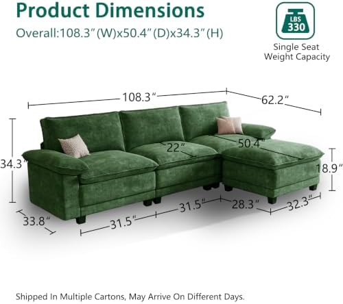 108" Modular Sectional Couch, L Shaped Cloud Sofa for Living Room