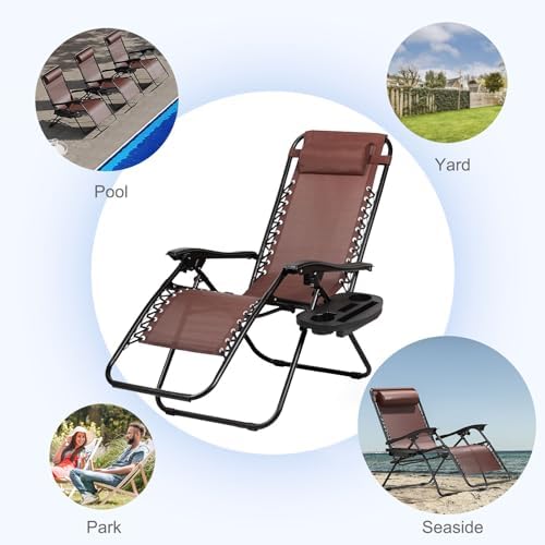 Nazhura Set of 2 Relaxing Recliners Patio Chairs Adjustable Steel Mesh Zero Gravity Lounge Chair Beach Chairs with Pillow and Cup Holder Khaki (Brown)