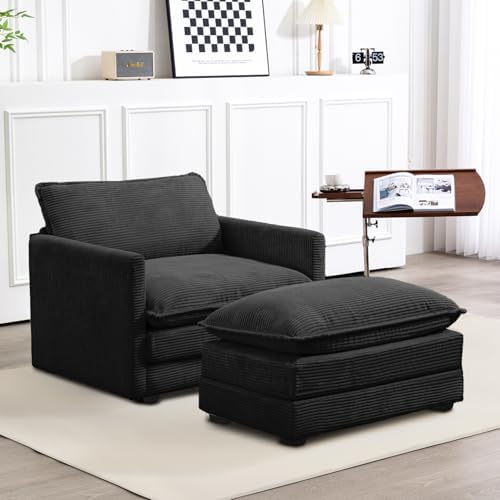 ROWHY 41'' Single Armchair with Ottoman, Modern Corduroy Cloud Couch with Convertible Chaise, Upholstered Sofa Set for Living Room, Black