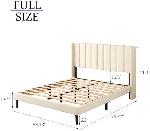 Gruwans Full Size Bed Frame with Upholstered Wingback Headboard, Easy Assemnly Platform Bed, Wooden Slat Support No Box Spring Needed, Cream
