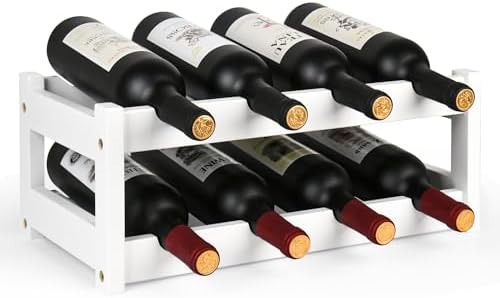 VASMIA Wine Rack, 2-Tier Bamboo Wine Racks Countertop Cabinet Wine Holder Wine Storage Shelf for Pantry Kitchen Bar, White