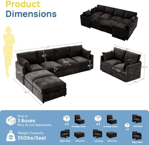 Iroomy Modular Sectional Couch for Living Room, Spring Cushion Seating, Modern Convertible Cloud Sofa with Ottoman, Black