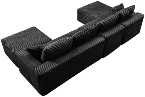 135-Inch U-Shaped Compressed Cloud Sofa Modular Boneless Cloud Sectional Sofa W/Left Facing Chaise Lounger and Ottoman, Oversized Plush Corduroy Corner Boneless Foam Couches