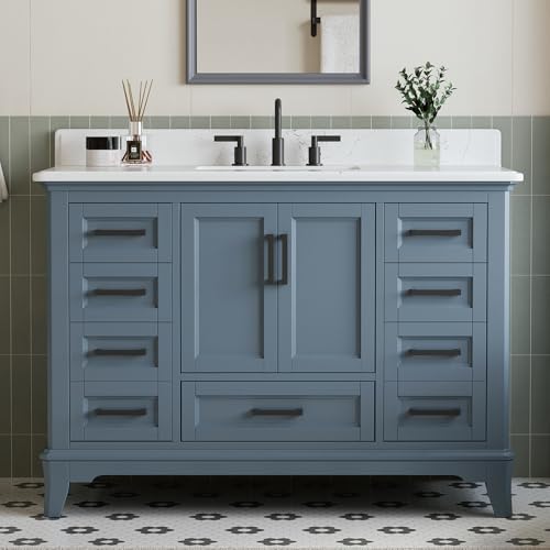 48" Bathroom Vanity with Sink, Fully Assembled, Steel Blue | Solid Wood Bathroom Vanities Set with Quartz Countertop, 2 Soft Close Doors & 7 Full Extension Dovetail Drawers