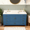 Montary 60" Bathroom Vanity with 2 Sinks & 61" Carrara Quartz Top | with 6 Pre-Drilled Faucet Holes, Solid Wood Cabinet, Soft-Close Double Doors & 9 Smooth-Glide Drawers,Blue