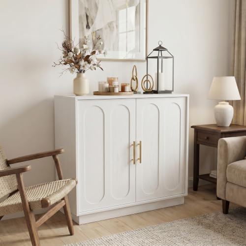holzart 31.5" Modern Farmhouse Storage Cabinet, White 2 Door Sideboard Buffet with Gold Handles, Fluted Wood Accent Credenza for Entryway, Living Room, Coffee Bar, Home Office