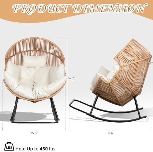 Shintenchi Wicker Egg Chair,Oversized Outdoor Indoor Rocking Chair,Large PE Rattan Rocking Chair with Cushion for Patio, Balcony, Backyard, Garden, Beige