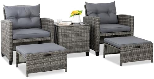 Shintenchi 5 Pieces Patio Furniture Set, Outdoor Wicker Patio Conversation Set with Ottoman, All Weather Rattan Outside Chairs with Coffee Table & Cushion for Porch, Garden, Backyard, Gray