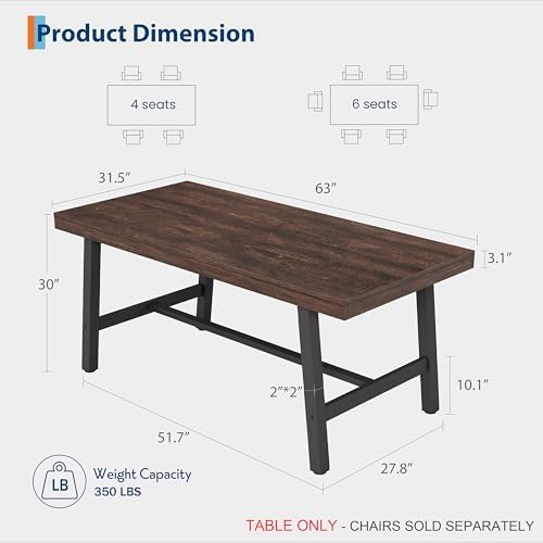 Garvee 63" Farmhouse Dining Table, Rustic Kitchen Table, Dark Rustic Birch