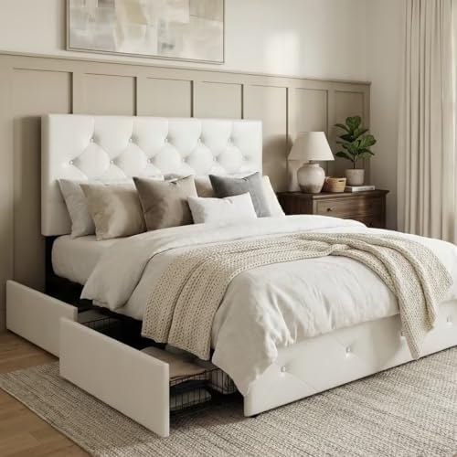 Allewie Queen Size Storage Bed Frame with 4 Underbed Drawers, Upholstered Platform Bed with Adjustable Headboard, Diamond Button Tufted, Easy Assembly, Noise-Free, No Box Spring Needed, White