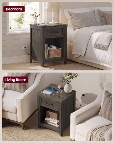 VASAGLE Farmhouse Nightstand with Charging Station, Drawer, Set of 2