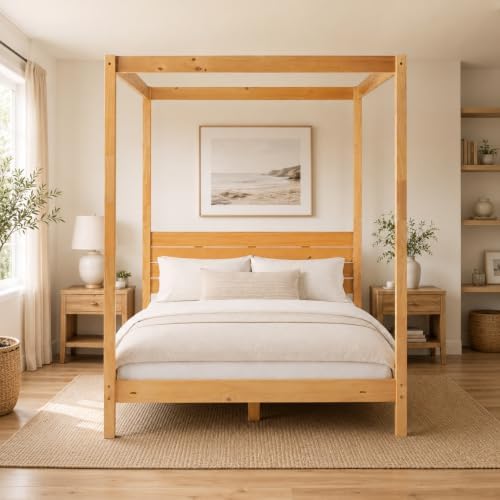 From the Tree Furniture Solid Pine Canopy Bed Frame, Queen — Natural Pine