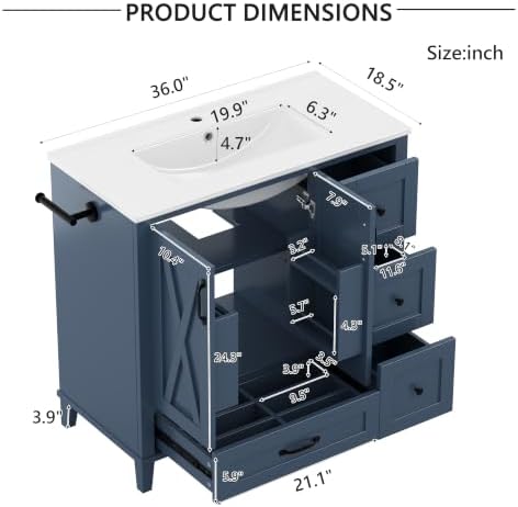 YOPTO 36" Bathroom Vanity with Sink, Freestanding Bathroom Cabinet | Ceramic Top & Backsplash, 4 Storage Drawers, X-Shaped Doors, Adjustable Shelving, Door Storage and Towel Bar, Navy Blue