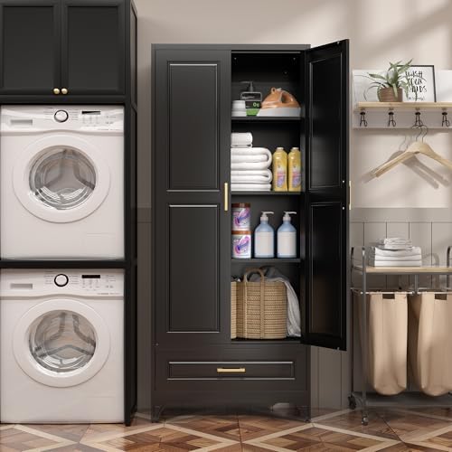 SteeLoong 75" Metal Storage Cabinet with Doors and 3 Adjustable Shelves | Kitchen Pantry Cabinet with Drawer,Black Kitchen Cabinet with 2 Gold Handles,Food Cupboard for Livingroom,Pantry, Bathroom