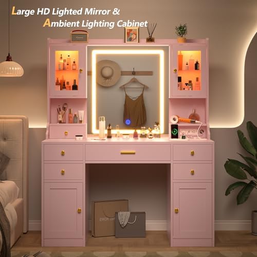 CSZZD Pink Makeup Vanity Desk with Lighted Mirror & RGB Storage Cabinets | 3 Colors Vanity Table Set with Power Outlet & 6 Drawers, Large Dressing Table with Open Storage Shelves for Bedroom