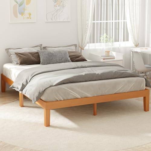 DUMOS Queen Bed Frame, Solid Wooden 12IN Platform Bed Base with Sturdy Wood Slat Support, Noise-Free Design, No Box Spring Needed, Easy Assembly, Natural Pine