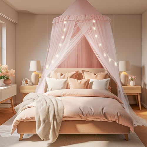 little dove Large Bed Canopy with Star Lights, Double Layer Canopy for Bed, Princess Play Tent for Girls Room, Breathable Bed Curtain for Children Reading Nook, Machine Washable, 40''x 106'', Pink