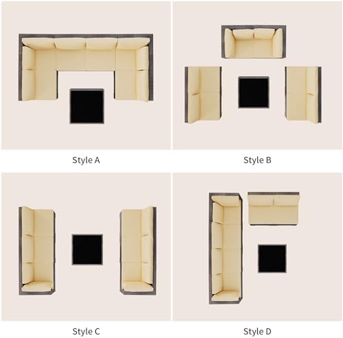Qsun Patio Furniture Sets 7 Pieces Outdoor Sectional Rattan Sofa Manual Weaving Wicker Patio Conversation Set with Glass Table and Cushion (Beige)