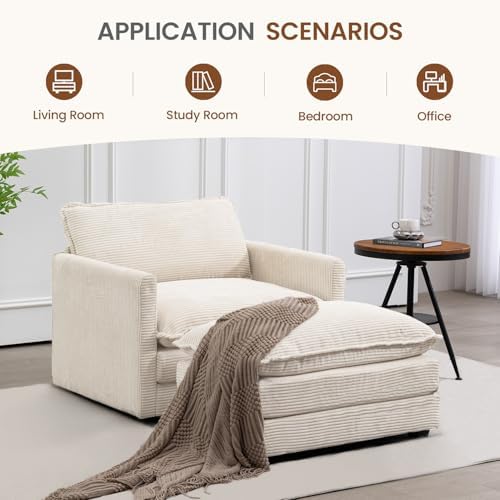 ROWHY 41'' Single Armchair with Ottoman, Modern Corduroy Cloud Couch with Convertible Chaise, Upholstered Sofa Set for Living Room, Beige