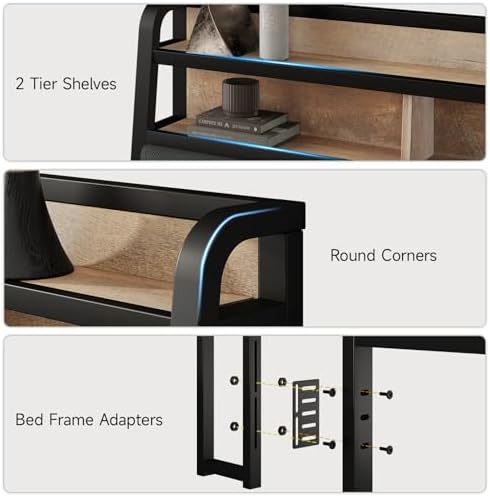 Queen Headboard Only with Storage, Charging Station, Black&Brown