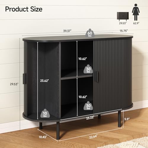 ONBRILL 40" Sideboard Buffet Cabinet, Sliding Door/Adjustable Shelf, Black
