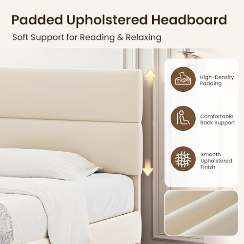 GRUSIGN Queen Size Platform Bed Frame with Velvet Headboard, Adjustable Height Wooden Slats Support, Upholstered Mattress Foundation, Fits Mattress or Mattress with Box Spring, Easy Assembly, Beige